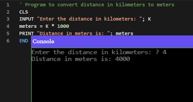 Kilometers into meters QBASIC