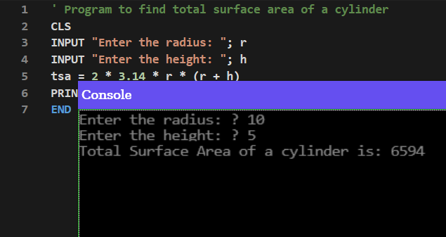 Total Surface Area of a cylinder QBASIC