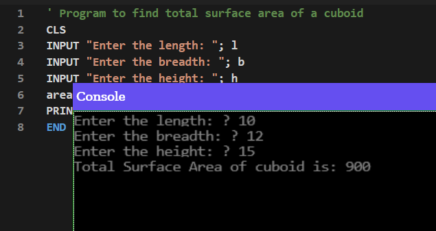 Total surface area of a cuboid QBASIC